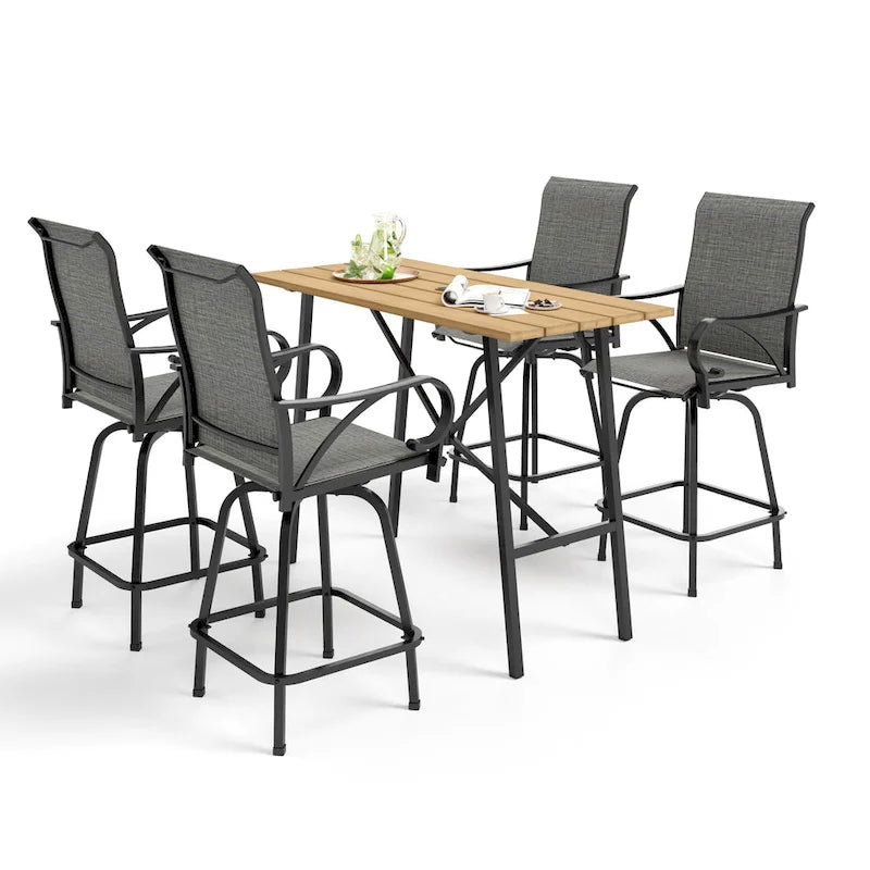 Ensemble de 5 tabourets de bar de patio avec table aspect bois et tabourets pivotants en textilène
