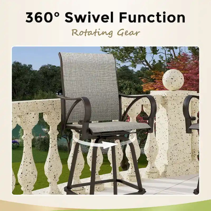 Ensemble de 5 tabourets de bar de patio avec table aspect bois et tabourets pivotants en textilène