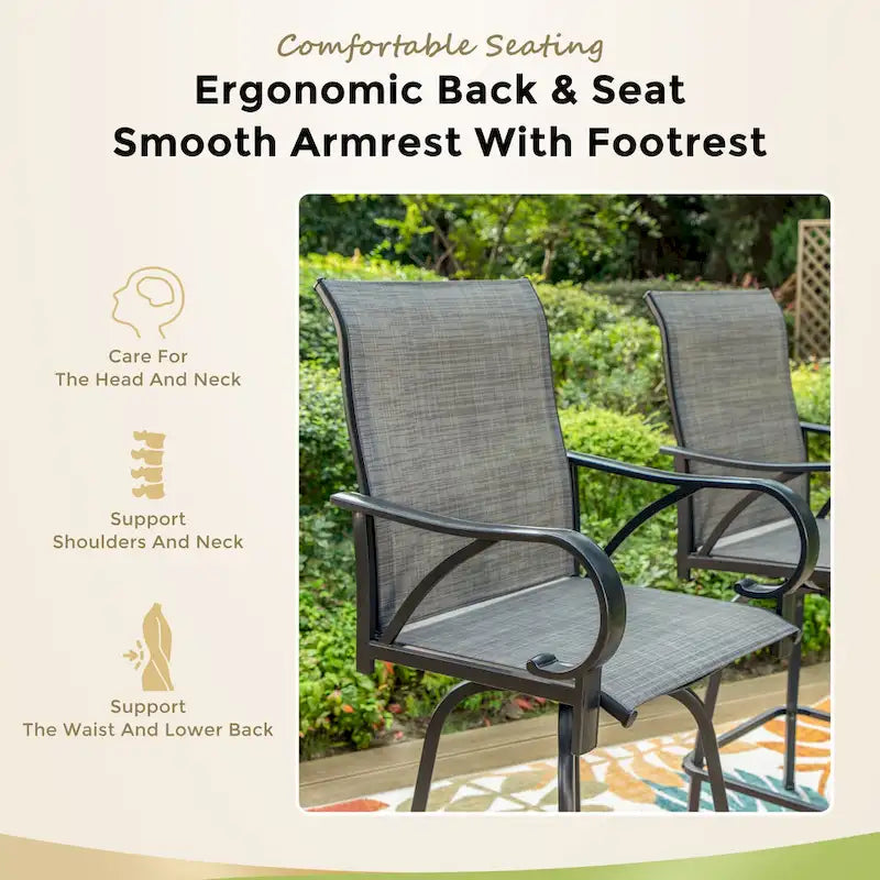 Ensemble de 5 tabourets de bar de patio avec table aspect bois et tabourets pivotants en textilène