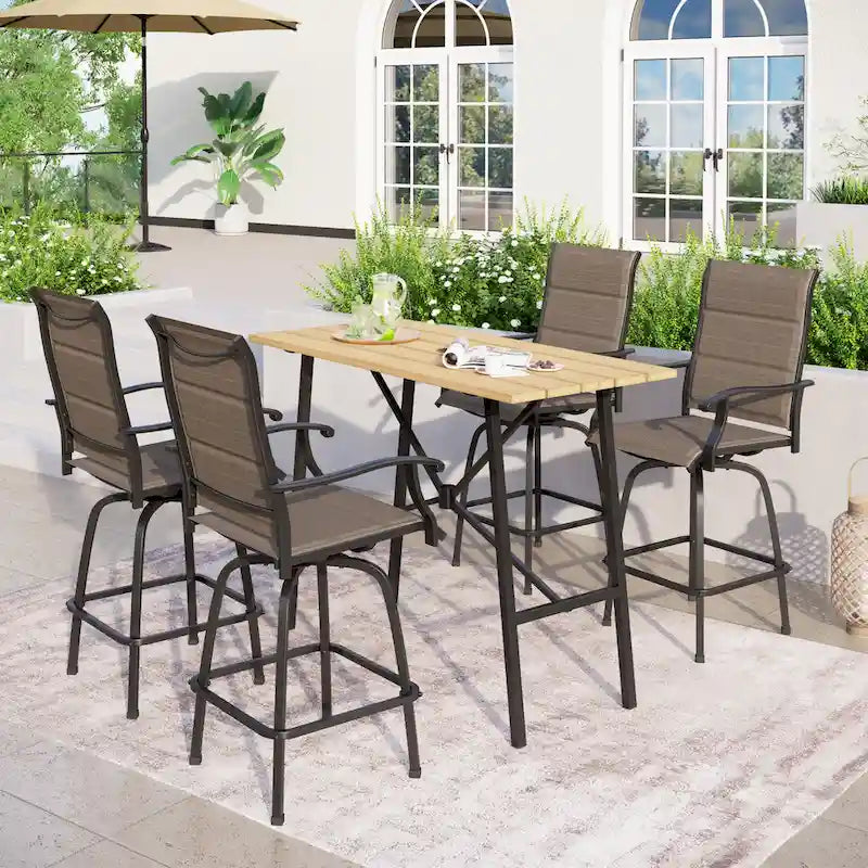 Ensemble de 5 tabourets de bar de patio avec table aspect bois et tabourets pivotants en textilène