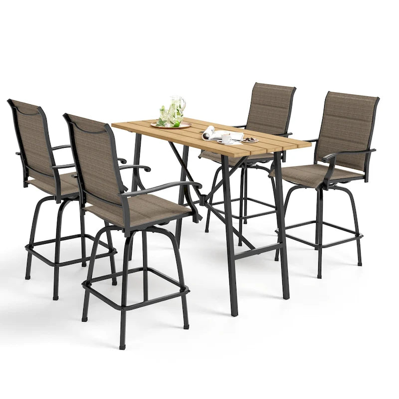 Ensemble de 5 tabourets de bar de patio avec table aspect bois et tabourets pivotants en textilène