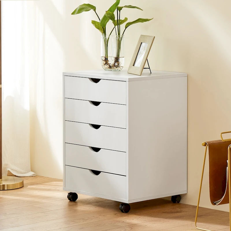 Meuble de Rangement Mobile à 5 Tiroirs en MDF Blanc/Noir avec Glissières Métalliques et 4 Roulettes (dont 2 Verrouillables)