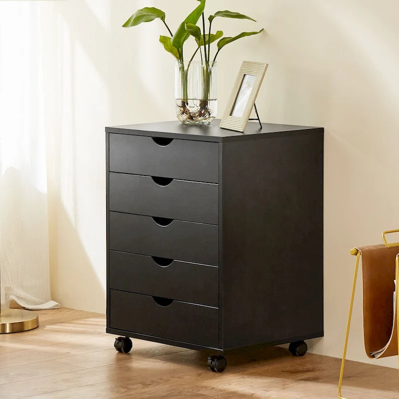Meuble de Rangement Mobile à 5 Tiroirs en MDF Blanc/Noir avec Glissières Métalliques et 4 Roulettes (dont 2 Verrouillables)
