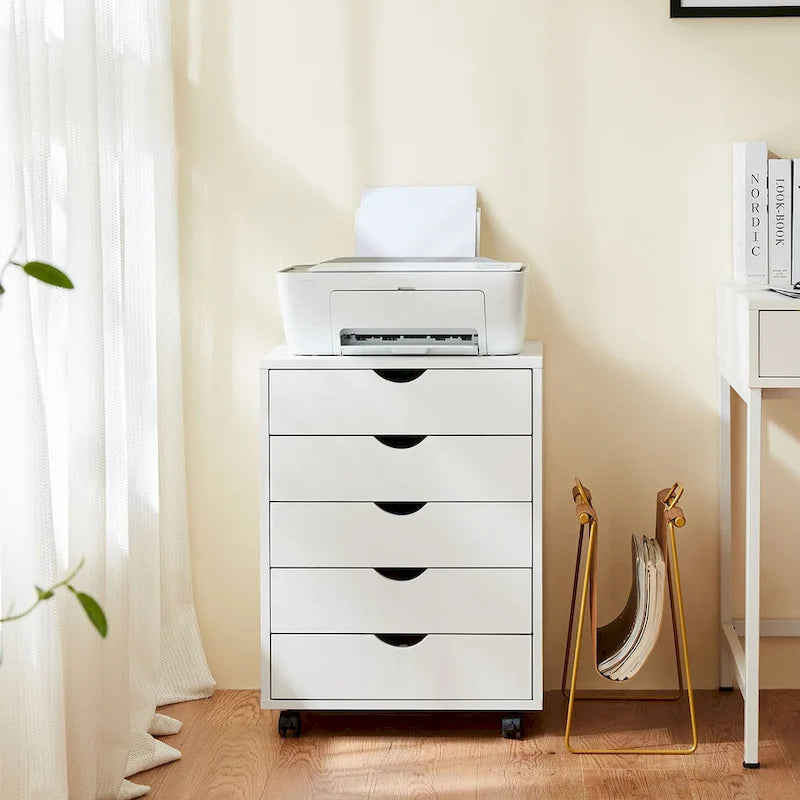 Meuble de Rangement Mobile à 5 Tiroirs en MDF Blanc/Noir avec Glissières Métalliques et 4 Roulettes (dont 2 Verrouillables)