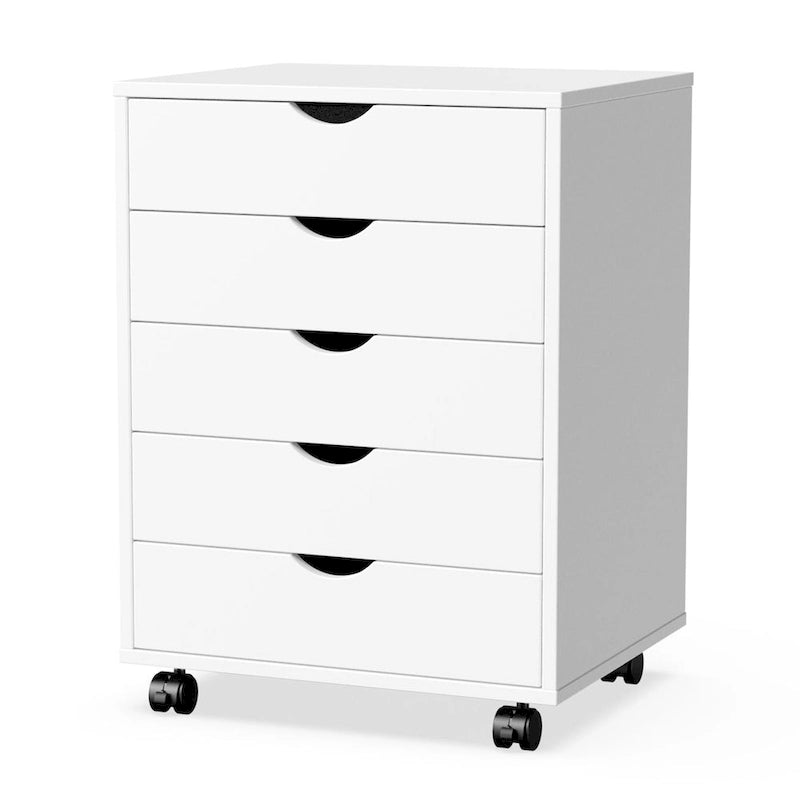 Meuble de Rangement Mobile à 5 Tiroirs en MDF Blanc/Noir avec Glissières Métalliques et 4 Roulettes (dont 2 Verrouillables)