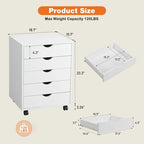 Meuble de Rangement Mobile à 5 Tiroirs en MDF Blanc/Noir avec Glissières Métalliques et 4 Roulettes (dont 2 Verrouillables)