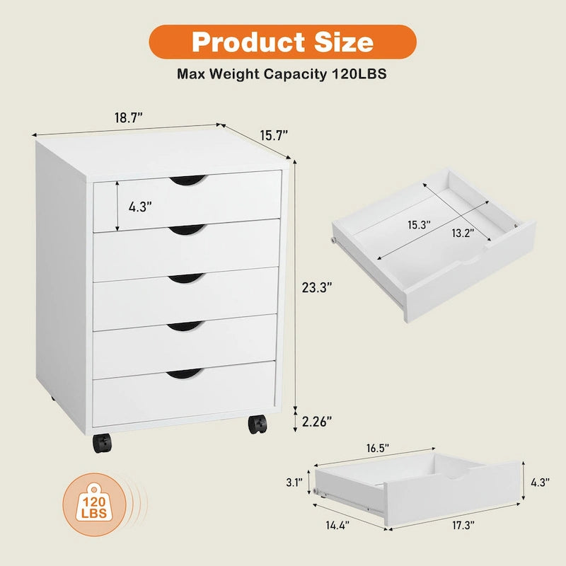 Meuble de Rangement Mobile à 5 Tiroirs en MDF Blanc/Noir avec Glissières Métalliques et 4 Roulettes (dont 2 Verrouillables)