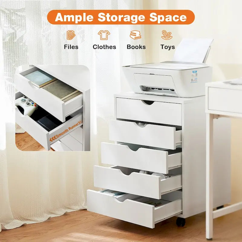 Meuble de Rangement Mobile à 5 Tiroirs en MDF Blanc/Noir avec Glissières Métalliques et 4 Roulettes (dont 2 Verrouillables)