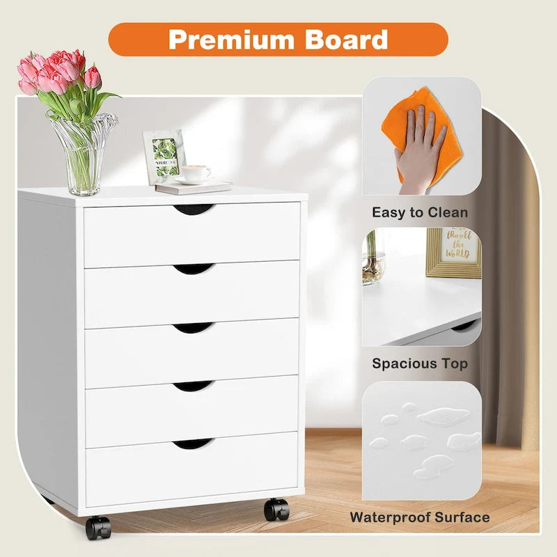 Meuble de Rangement Mobile à 5 Tiroirs en MDF Blanc/Noir avec Glissières Métalliques et 4 Roulettes (dont 2 Verrouillables)