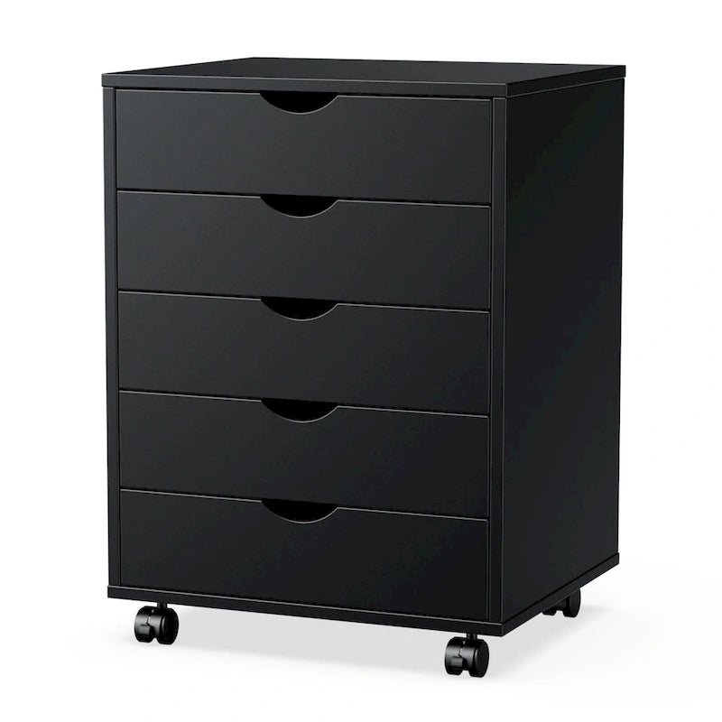 Meuble de Rangement Mobile à 5 Tiroirs en MDF Blanc/Noir avec Glissières Métalliques et 4 Roulettes (dont 2 Verrouillables)