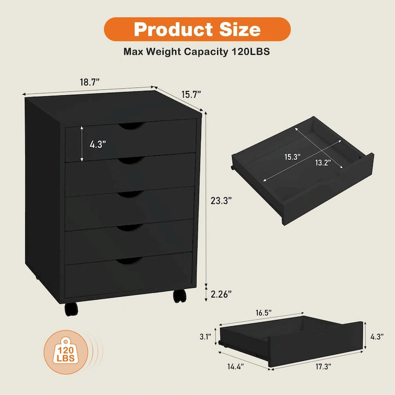 Meuble de Rangement Mobile à 5 Tiroirs en MDF Blanc/Noir avec Glissières Métalliques et 4 Roulettes (dont 2 Verrouillables)