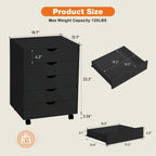 Meuble de Rangement Mobile à 5 Tiroirs en MDF Blanc/Noir avec Glissières Métalliques et 4 Roulettes (dont 2 Verrouillables)
