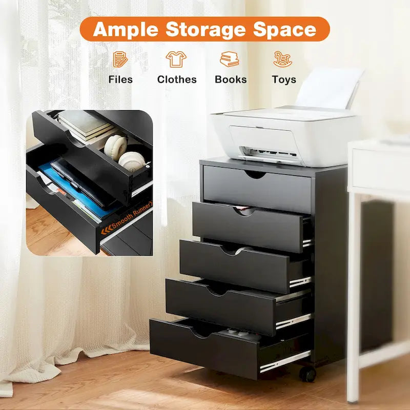 Meuble de Rangement Mobile à 5 Tiroirs en MDF Blanc/Noir avec Glissières Métalliques et 4 Roulettes (dont 2 Verrouillables)