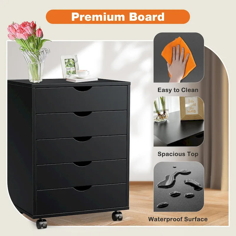 Meuble de Rangement Mobile à 5 Tiroirs en MDF Blanc/Noir avec Glissières Métalliques et 4 Roulettes (dont 2 Verrouillables)