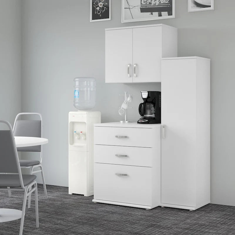 Ensemble de rangement modulaire 3 pièces blanc/gris platine/gris orage avec armoire murale, meuble bas et meuble à 3 tiroirs