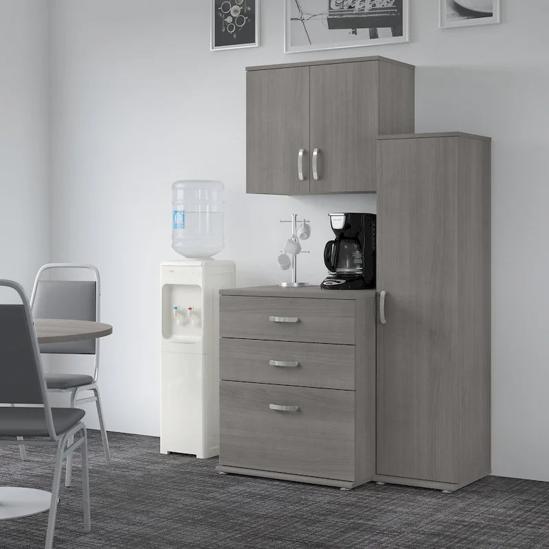 Ensemble de rangement modulaire 3 pièces blanc/gris platine/gris orage avec armoire murale, meuble bas et meuble à 3 tiroirs