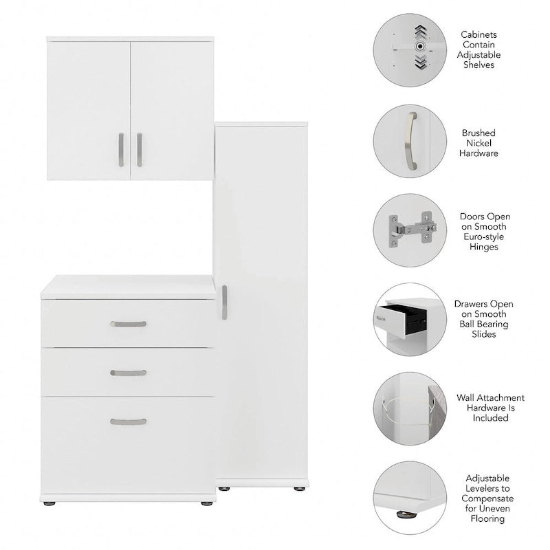 Ensemble de rangement modulaire 3 pièces blanc/gris platine/gris orage avec armoire murale, meuble bas et meuble à 3 tiroirs