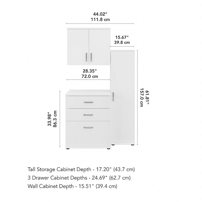 Ensemble de rangement modulaire 3 pièces blanc/gris platine/gris orage avec armoire murale, meuble bas et meuble à 3 tiroirs