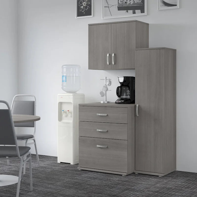 Ensemble de rangement modulaire 3 pièces blanc/gris platine/gris orage avec armoire murale, meuble bas et meuble à 3 tiroirs