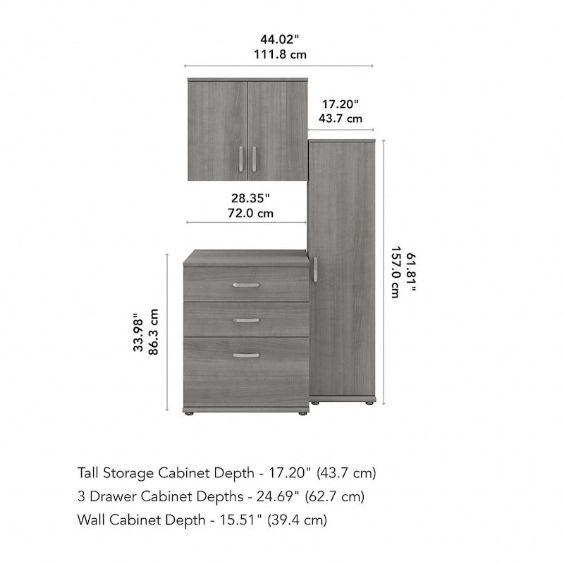 Ensemble de rangement modulaire 3 pièces blanc/gris platine/gris orage avec armoire murale, meuble bas et meuble à 3 tiroirs