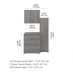 Ensemble de rangement modulaire 3 pièces blanc/gris platine/gris orage avec armoire murale, meuble bas et meuble à 3 tiroirs