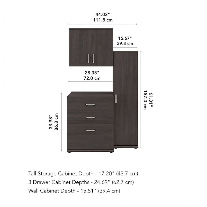 Ensemble de rangement modulaire 3 pièces blanc/gris platine/gris orage avec armoire murale, meuble bas et meuble à 3 tiroirs