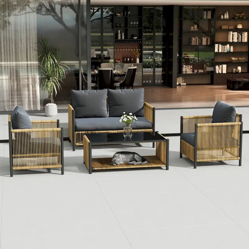 Nouveau Salon de Jardin 6 Pièces en Résine Tressée PE Marron avec Coussins Gris
