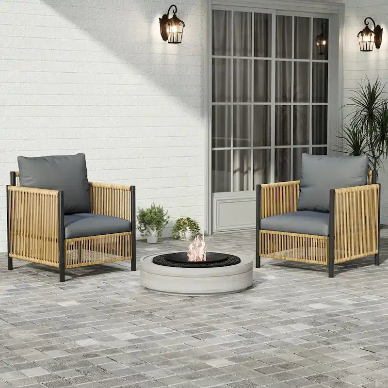 Nouveau Salon de Jardin 6 Pièces en Résine Tressée PE Marron avec Coussins Gris