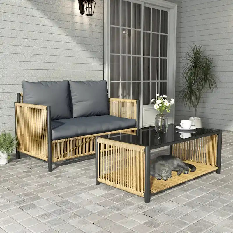 Nouveau Salon de Jardin 6 Pièces en Résine Tressée PE Marron avec Coussins Gris