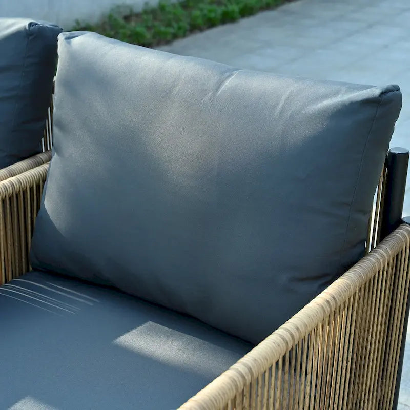 Nouveau Salon de Jardin 6 Pièces en Résine Tressée PE Marron avec Coussins Gris