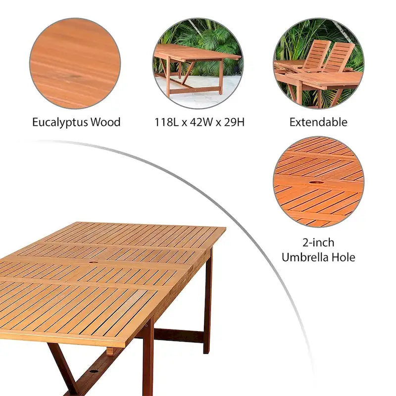 Table à manger d'extérieur rectangulaire Amazonia en bois d'eucalyptus marron avec rallonge - 79 po L x 42 po l x 30 po H