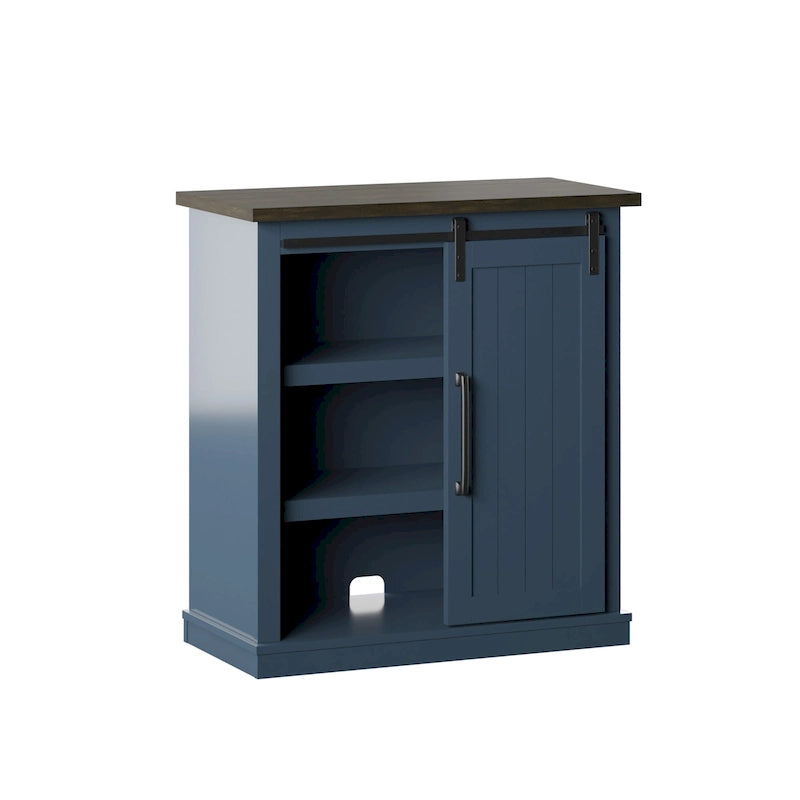 Meuble d'appoint avec porte coulissante de style grange (bleu/blanc/gris) et 2 étagères