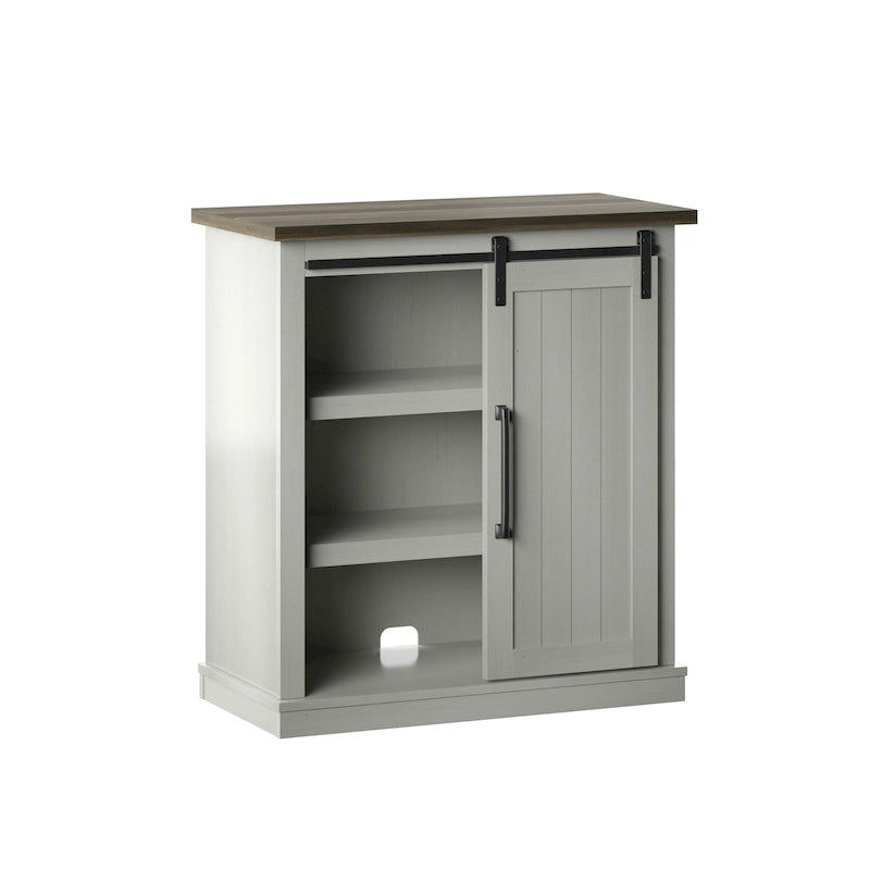Meuble d'appoint avec porte coulissante de style grange (bleu/blanc/gris) et 2 étagères
