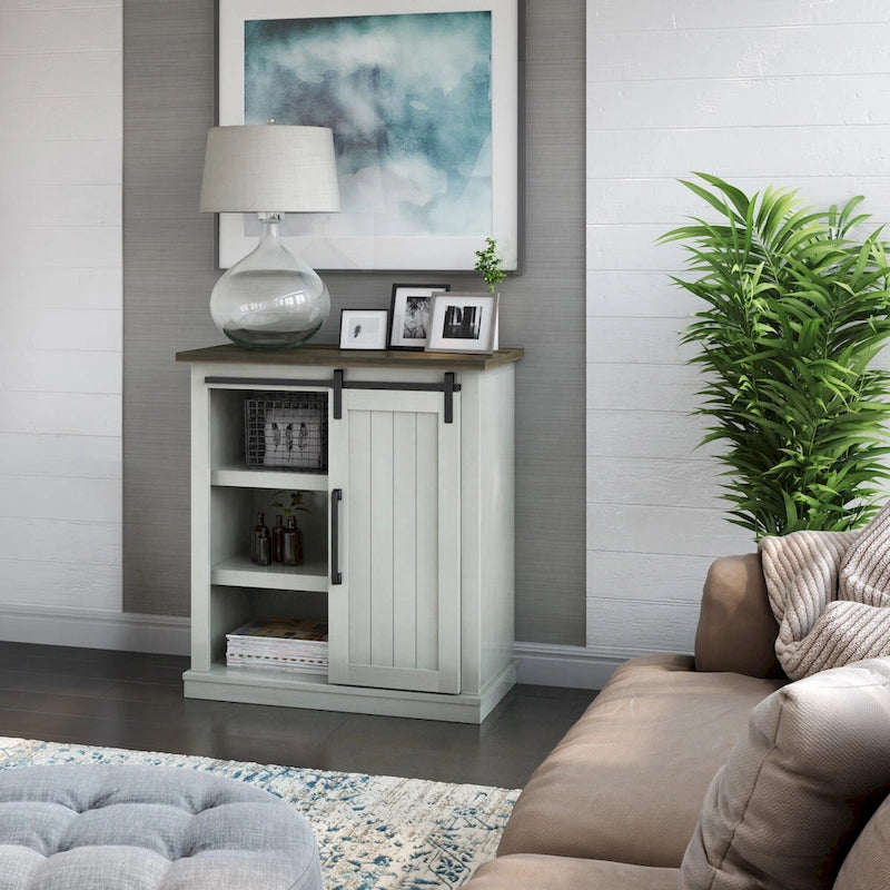 Meuble d'appoint avec porte coulissante de style grange (bleu/blanc/gris) et 2 étagères