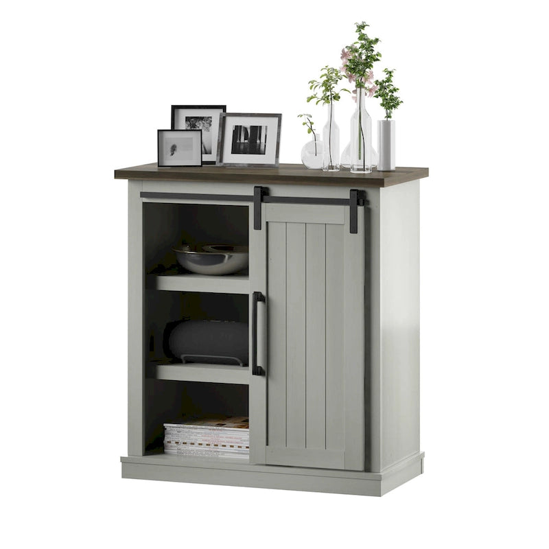 Meuble d'appoint avec porte coulissante de style grange (bleu/blanc/gris) et 2 étagères