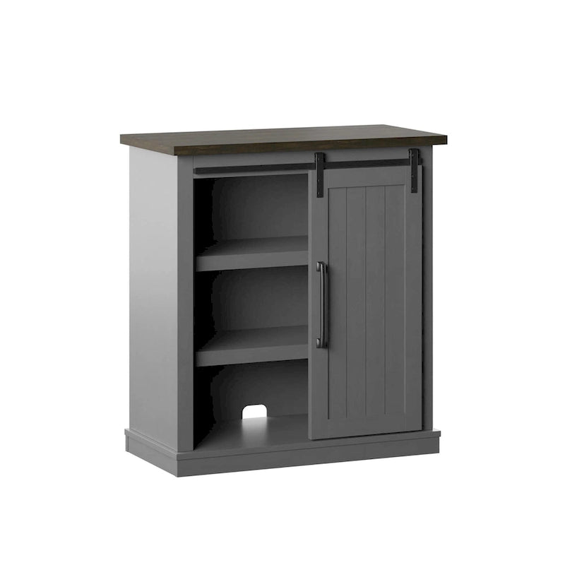 Meuble d'appoint avec porte coulissante de style grange (bleu/blanc/gris) et 2 étagères