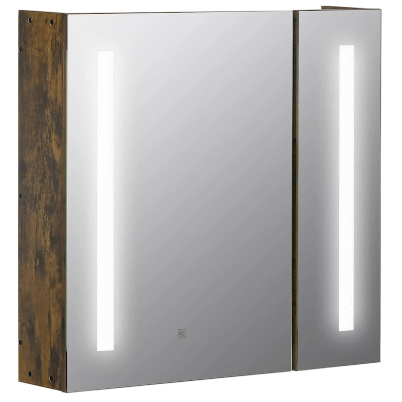 Armoire à pharmacie murale en MDF imitation bois foncé avec miroir LED, contrôle tactile dimmable et étagères réglables