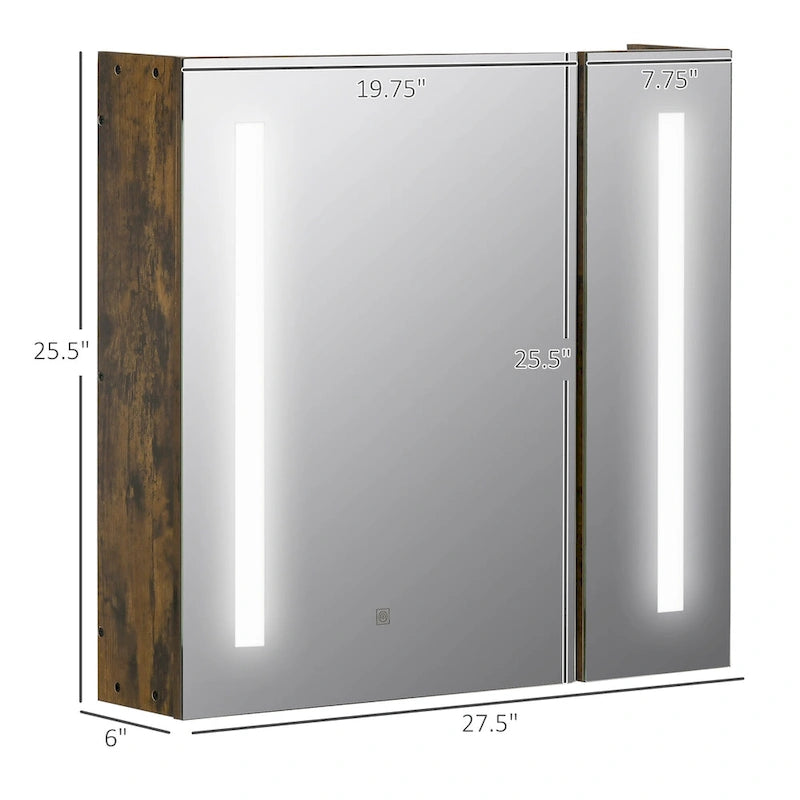 Armoire à pharmacie murale en MDF imitation bois foncé avec miroir LED, contrôle tactile dimmable et étagères réglables