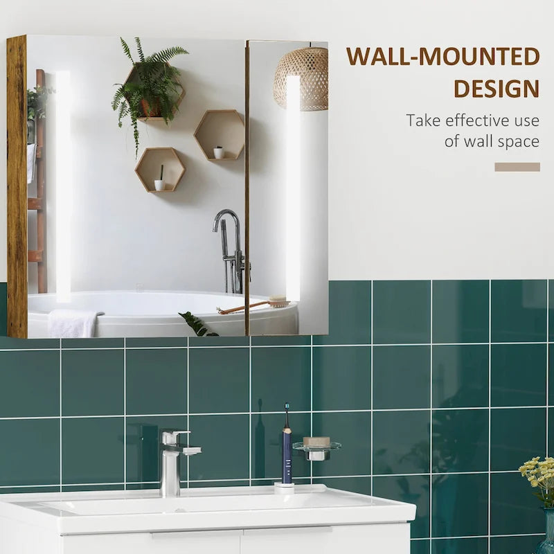 Armoire à pharmacie murale en MDF imitation bois foncé avec miroir LED, contrôle tactile dimmable et étagères réglables