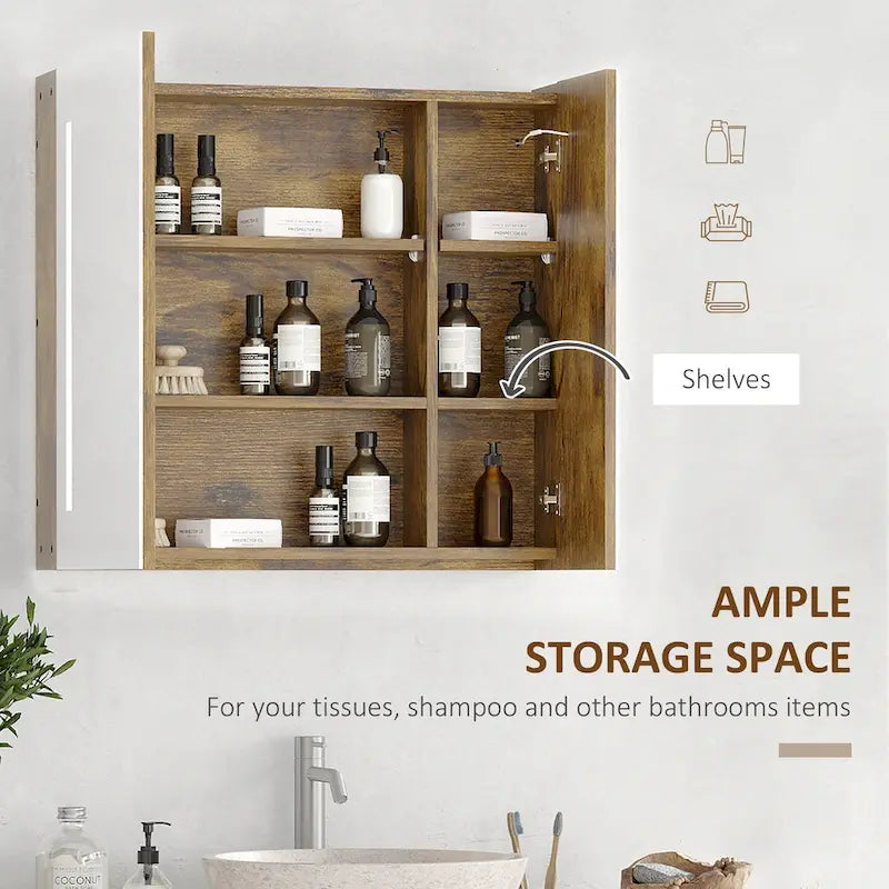 Armoire à pharmacie murale en MDF imitation bois foncé avec miroir LED, contrôle tactile dimmable et étagères réglables