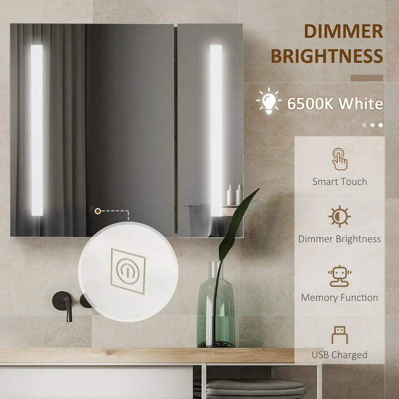 Armoire à pharmacie murale en MDF imitation bois foncé avec miroir LED, contrôle tactile dimmable et étagères réglables