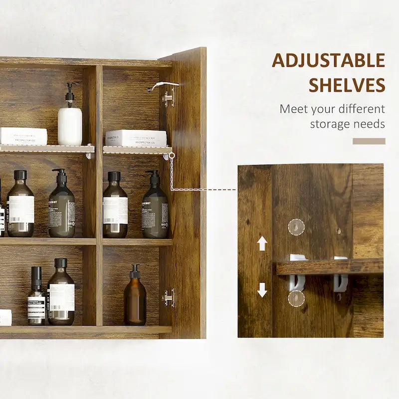 Armoire à pharmacie murale en MDF imitation bois foncé avec miroir LED, contrôle tactile dimmable et étagères réglables
