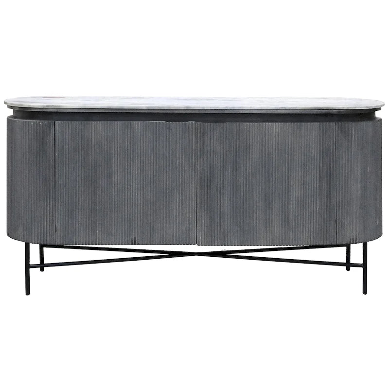 Buffet bas cannelé en bois de manguier noir/blanc avec plateau en marbre et pieds en métal