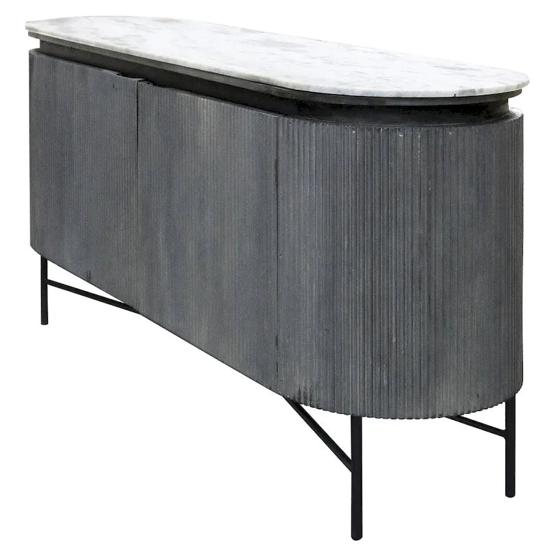 Buffet bas cannelé en bois de manguier noir/blanc avec plateau en marbre et pieds en métal
