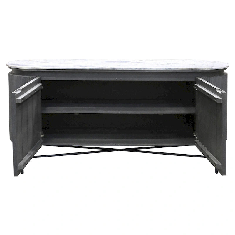 Buffet bas cannelé en bois de manguier noir/blanc avec plateau en marbre et pieds en métal
