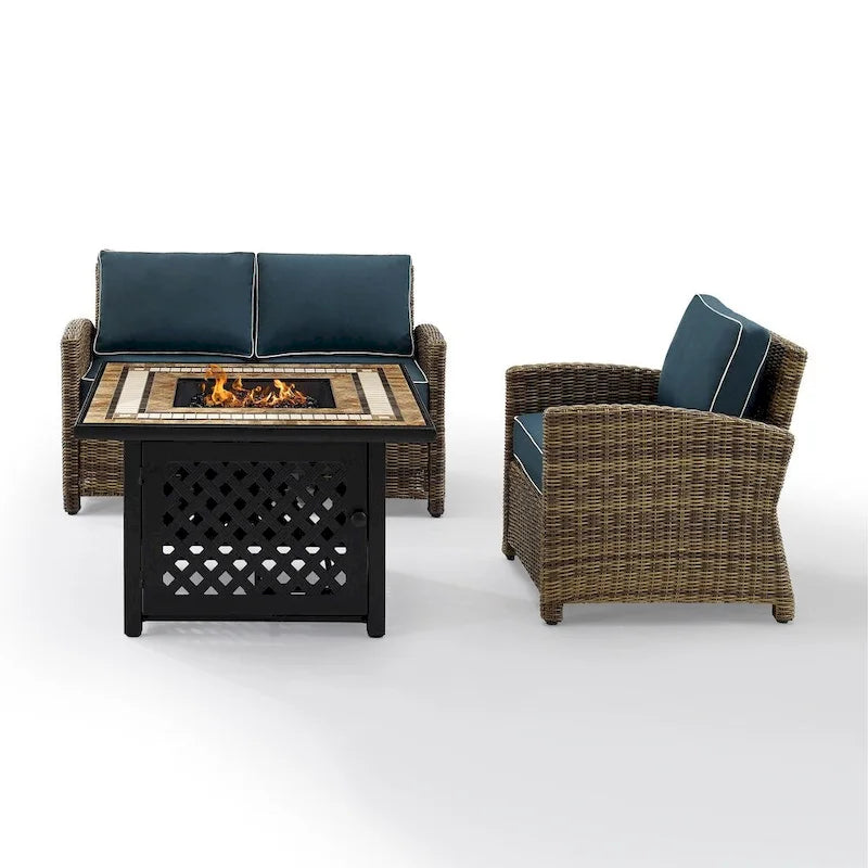 Ensemble de 3 sièges d'extérieur en osier Crosley Bradenton avec coussins bleu marine - 92,63 L x 84,5 P x 32,5 H