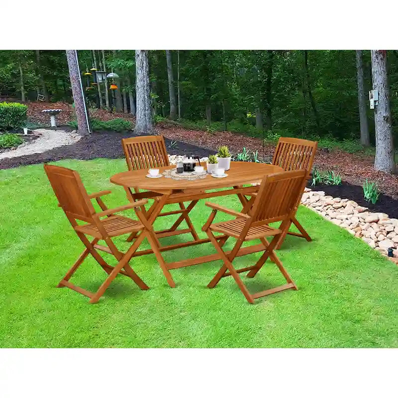 Ensemble de mobilier de salle à manger de bistrot East West Furniture – Table en bois d'acacia et 4 chaises pliantes avec accoudoirs, Huile naturelle (Options de pièces)