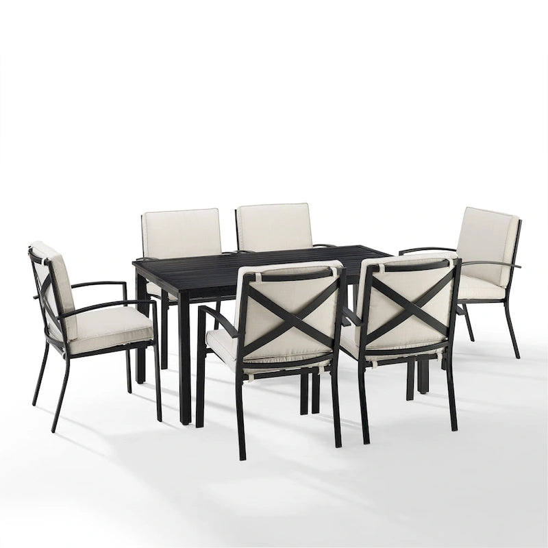 Crosley Kaplan Ensemble de salle à manger d'extérieur 7 pièces en bronze huilé avec coussins beiges – 122 l x 99 P x 37 H