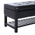Banc de rangement ottoman capitonné en similicuir noir avec étagère à chaussures à lattes et pieds en bois, 1 place
