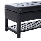 Banc de rangement ottoman capitonné en similicuir noir avec étagère à chaussures à lattes et pieds en bois, 1 place